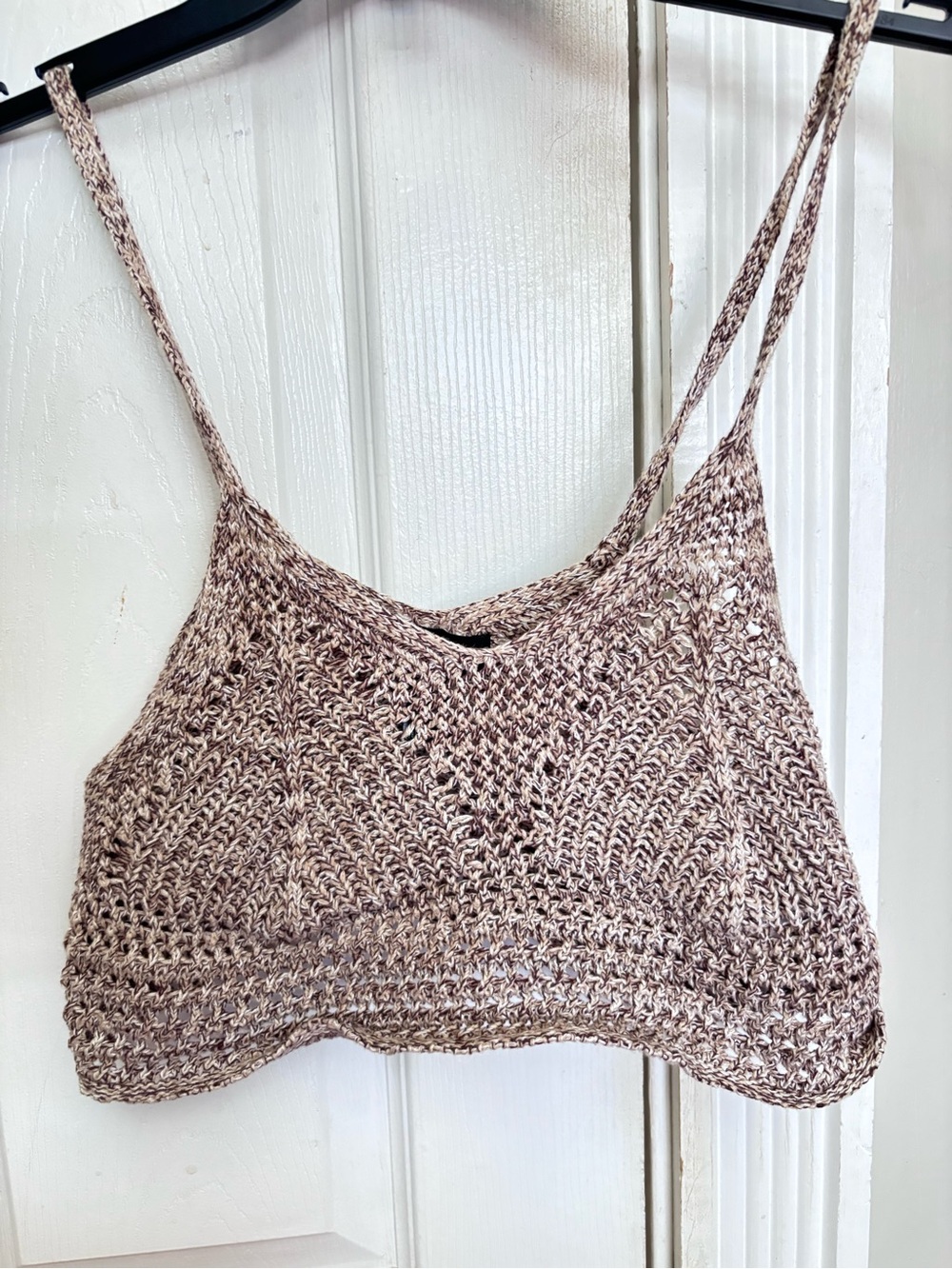 Knit Crochet Spaghetti Strap Crop Top - Taupe